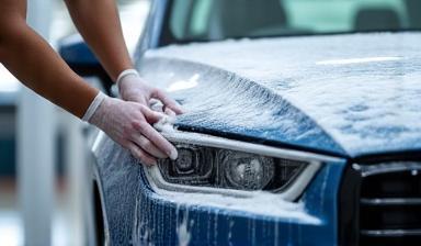 Technician performing exterior car wash