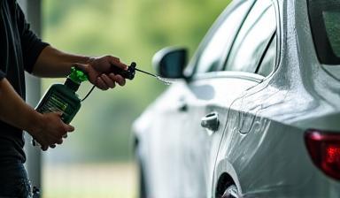 Technician spraying eco-friendly waterless product